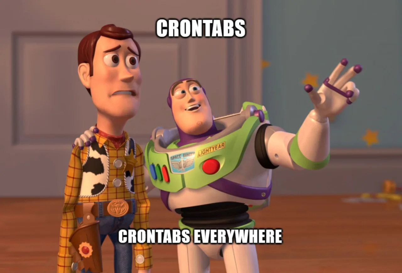 Toy Story 'x, x everywhere' meme — Buzz gestures to Woody: 'Crontabs… crontabs everywhere.'